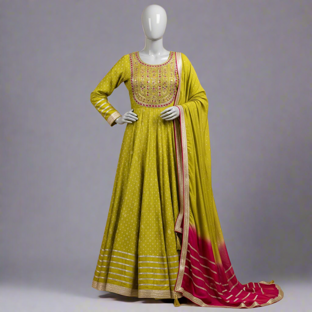 Full view of the lime green and pink Bandhani print Anarkali suit on a mannequin, with Gota Patti details and a dual-toned dupatta.