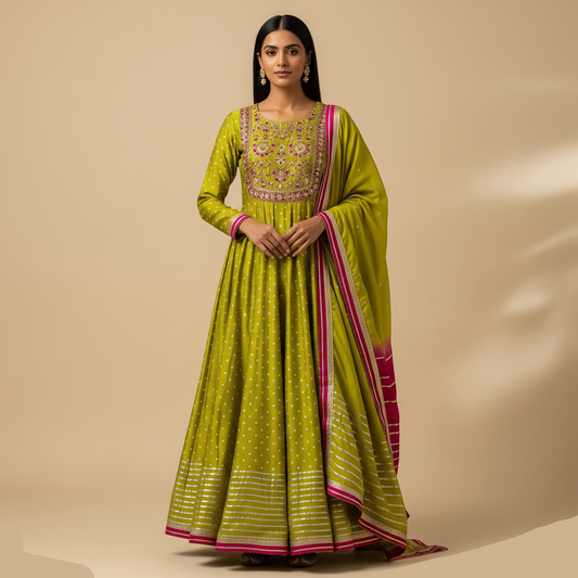 Model wears the Zeenat Anarkali Set, a lime green festive suit with Gota Patti work, posing with the matching pink and green dupatta